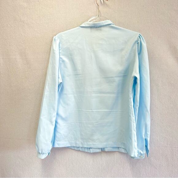 Vintage Light Blue Ruffle Blouse High Collar Puff Sleeve Romantic Retro size 12 - Picture 6 of 13